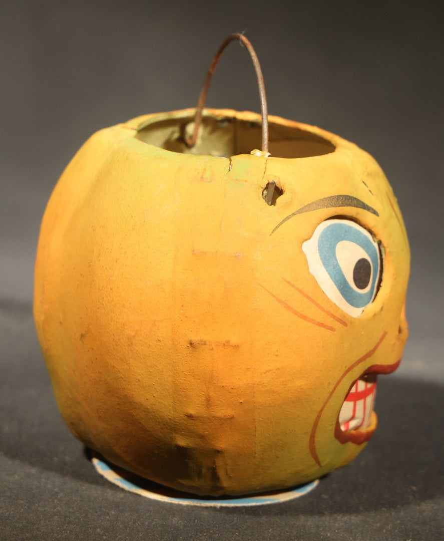 Vintage German Fantasy Reproduction Papier Mache / Pressed Paper Jack-O-Lantern Pumpkin Lantern with Wire Handle, Circa 1990s