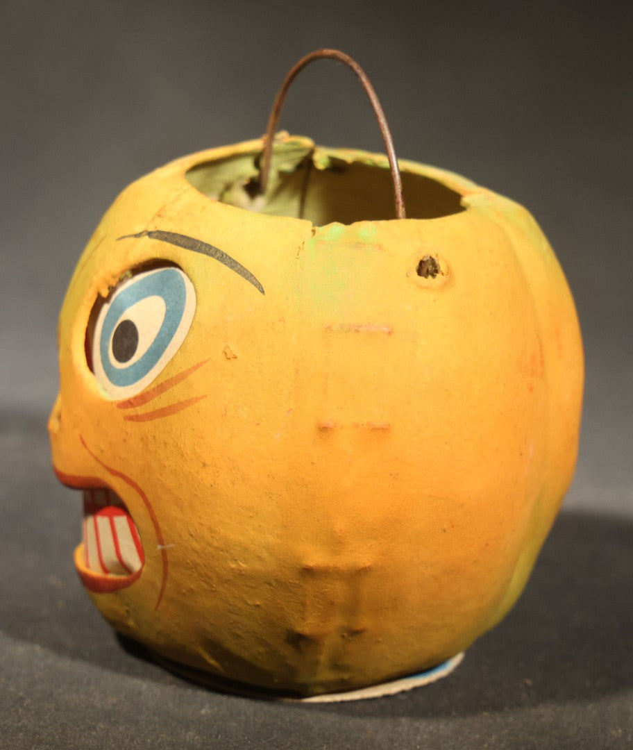 Vintage German Fantasy Reproduction Papier Mache / Pressed Paper Jack-O-Lantern Pumpkin Lantern with Wire Handle, Circa 1990s