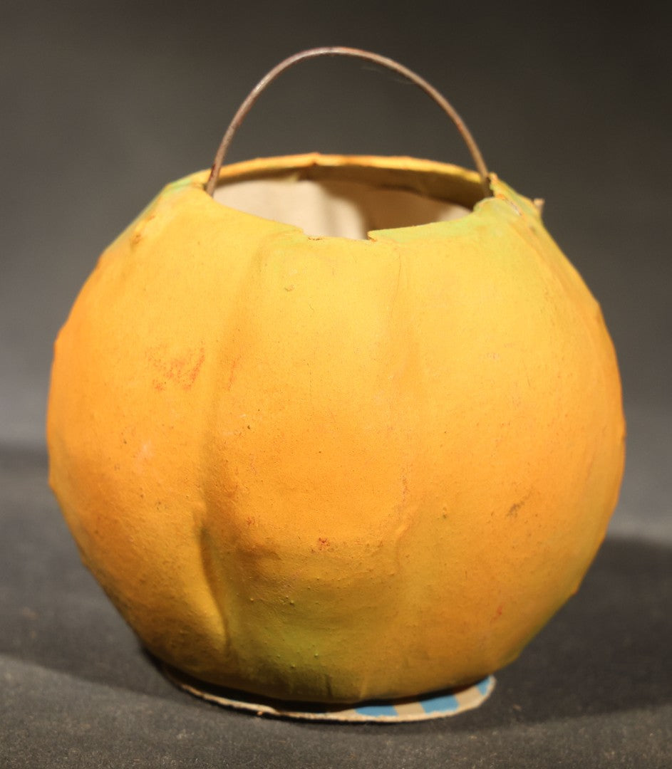 Vintage German Fantasy Reproduction Papier Mache / Pressed Paper Jack-O-Lantern Pumpkin Lantern with Wire Handle, Circa 1990s
