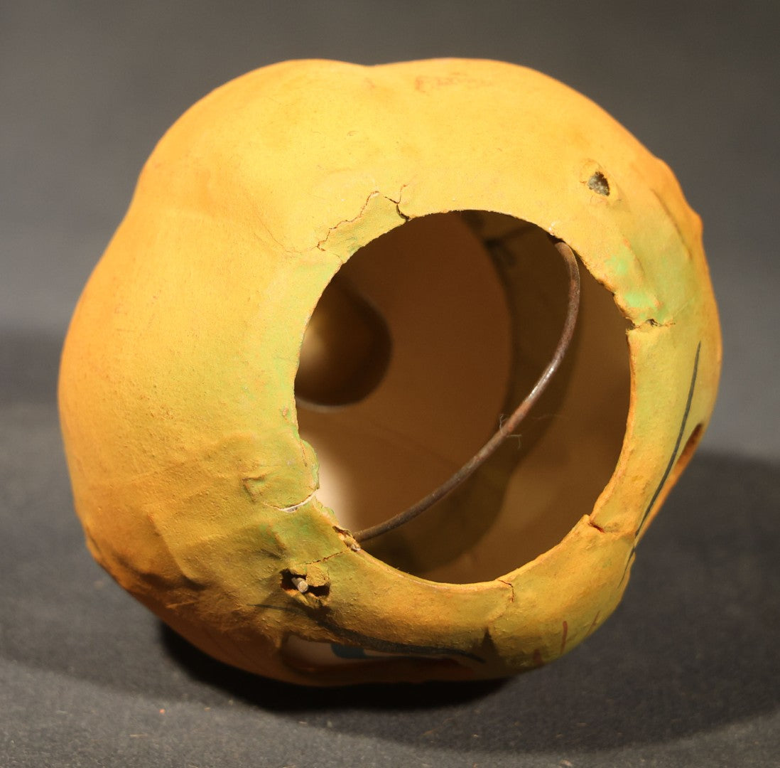 Vintage German Fantasy Reproduction Papier Mache / Pressed Paper Jack-O-Lantern Pumpkin Lantern with Wire Handle, Circa 1990s