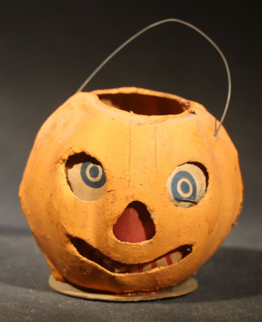 Vintage German Papier Mache / Pressed Paper Jack-O-Lantern Pumpkin Lantern with Wire Handle, Marked "Germany"