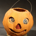 Lot 019 - Vintage German Papier Mache / Pressed Paper Jack-O-Lantern Pumpkin Lantern with Wire Handle, with Original Insert, Marked "Germany", 2-7/8" H