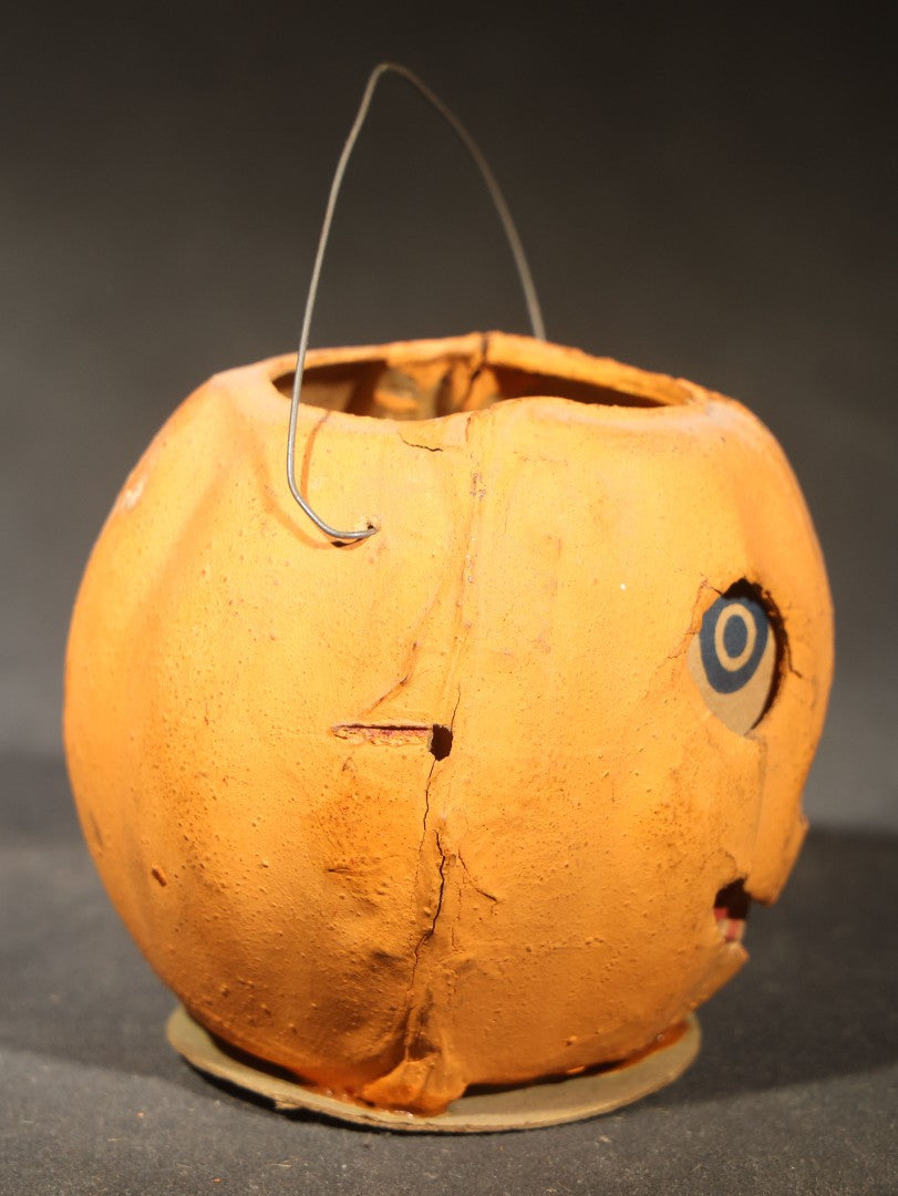Vintage German Papier Mache / Pressed Paper Jack-O-Lantern Pumpkin Lantern with Wire Handle, Marked "Germany"
