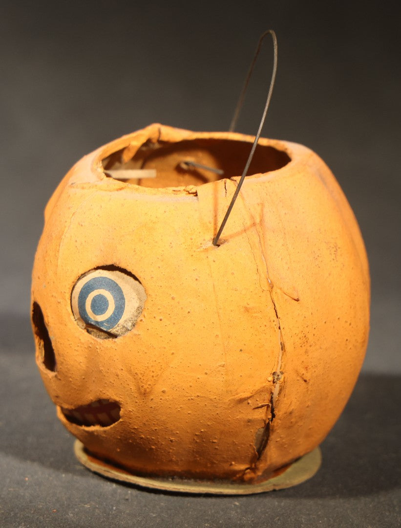 Vintage German Papier Mache / Pressed Paper Jack-O-Lantern Pumpkin Lantern with Wire Handle, Marked "Germany"