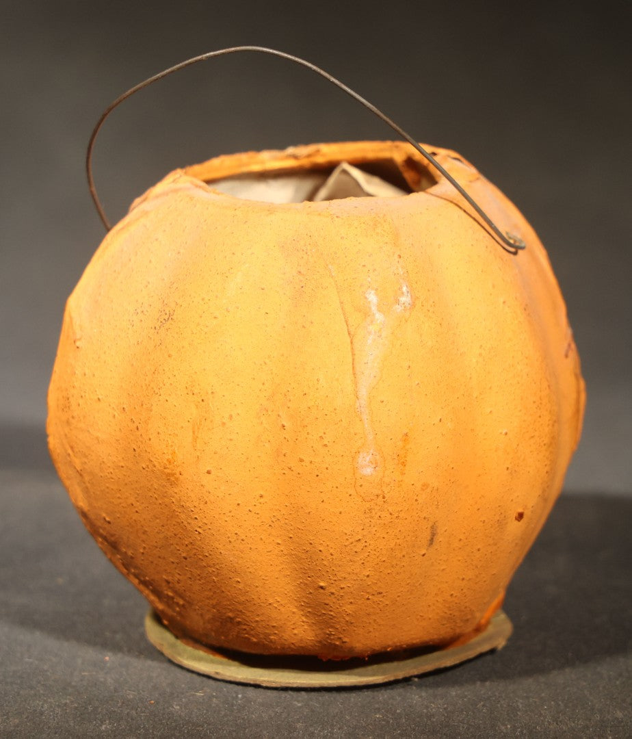 Vintage German Papier Mache / Pressed Paper Jack-O-Lantern Pumpkin Lantern with Wire Handle, Marked "Germany"