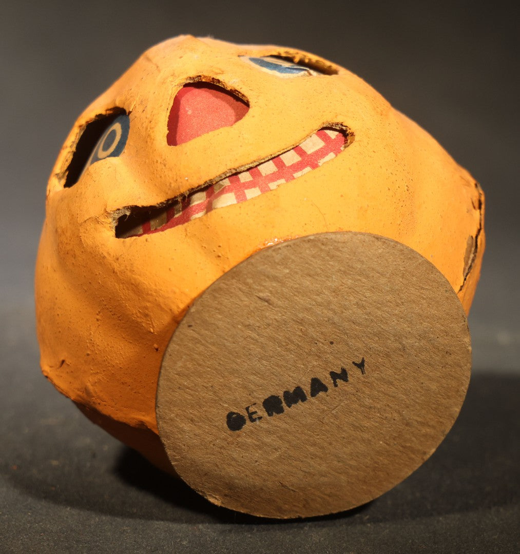 Vintage German Papier Mache / Pressed Paper Jack-O-Lantern Pumpkin Lantern with Wire Handle, Marked "Germany"