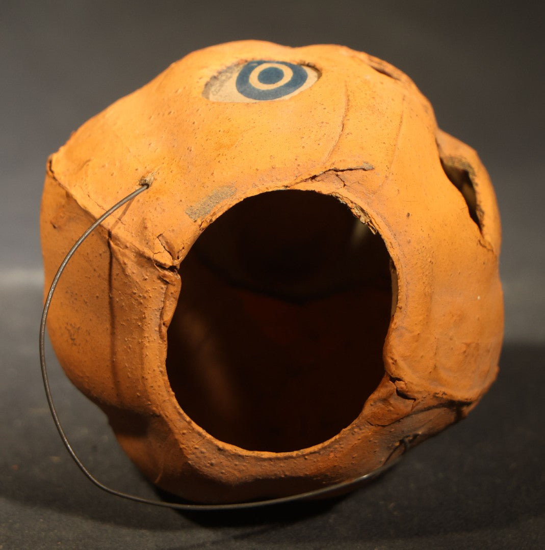 Vintage German Papier Mache / Pressed Paper Jack-O-Lantern Pumpkin Lantern with Wire Handle, Marked "Germany"