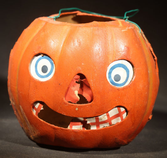 Vintage German Papier Mache / Pressed Paper Jack-O-Lantern Pumpkin Lantern with Wire Handle, Remnants of Original Insert, Poor Condition