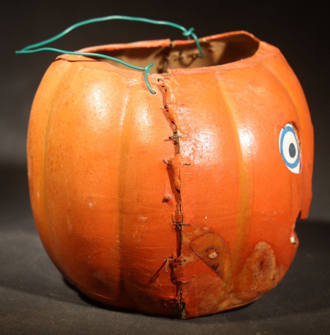 Vintage German Papier Mache / Pressed Paper Jack-O-Lantern Pumpkin Lantern with Wire Handle, Remnants of Original Insert, Poor Condition