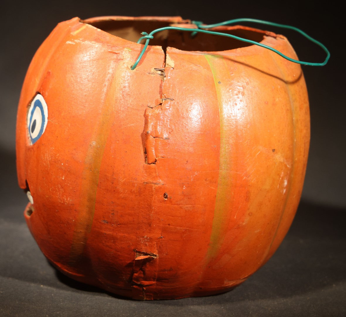 Vintage German Papier Mache / Pressed Paper Jack-O-Lantern Pumpkin Lantern with Wire Handle, Remnants of Original Insert, Poor Condition