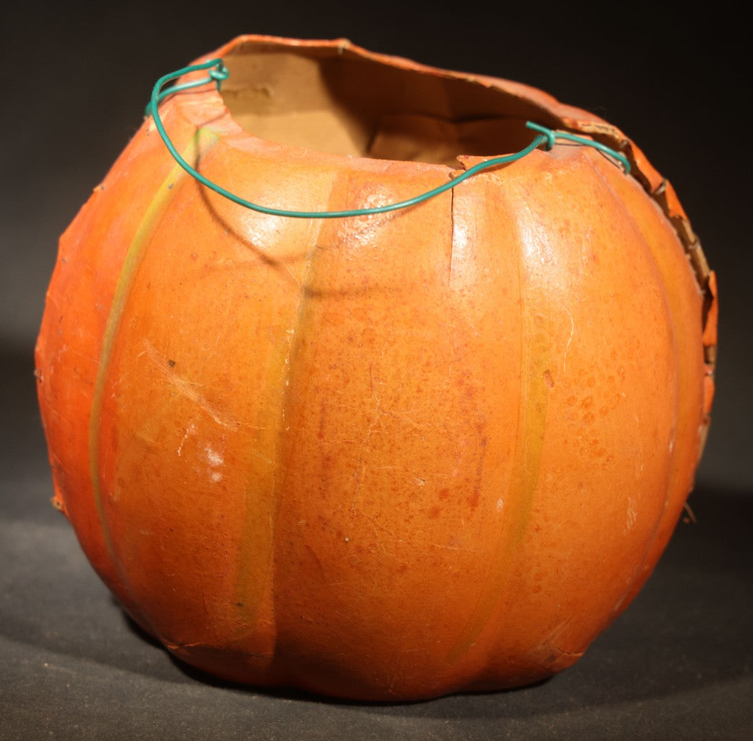 Vintage German Papier Mache / Pressed Paper Jack-O-Lantern Pumpkin Lantern with Wire Handle, Remnants of Original Insert, Poor Condition