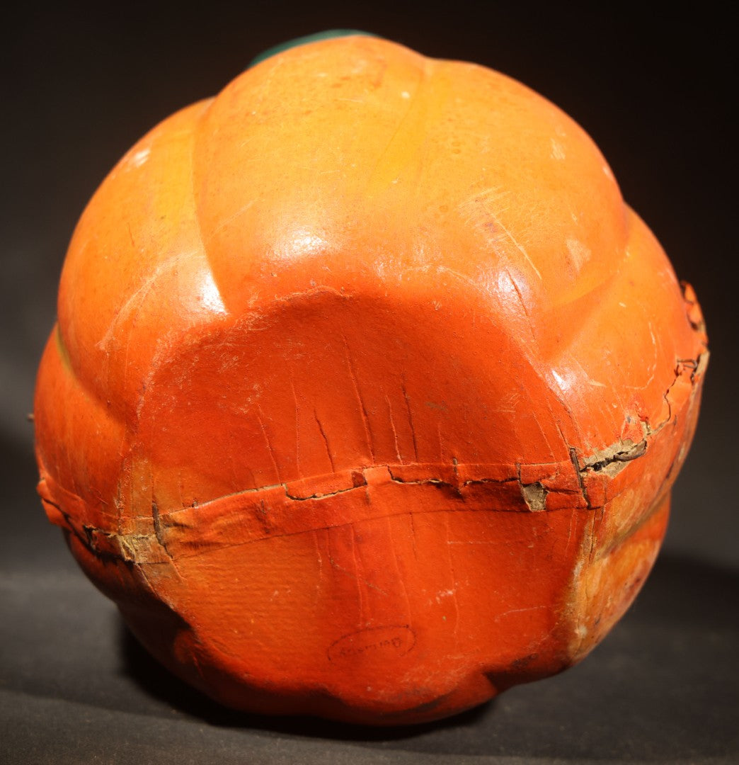 Vintage German Papier Mache / Pressed Paper Jack-O-Lantern Pumpkin Lantern with Wire Handle, Remnants of Original Insert, Poor Condition