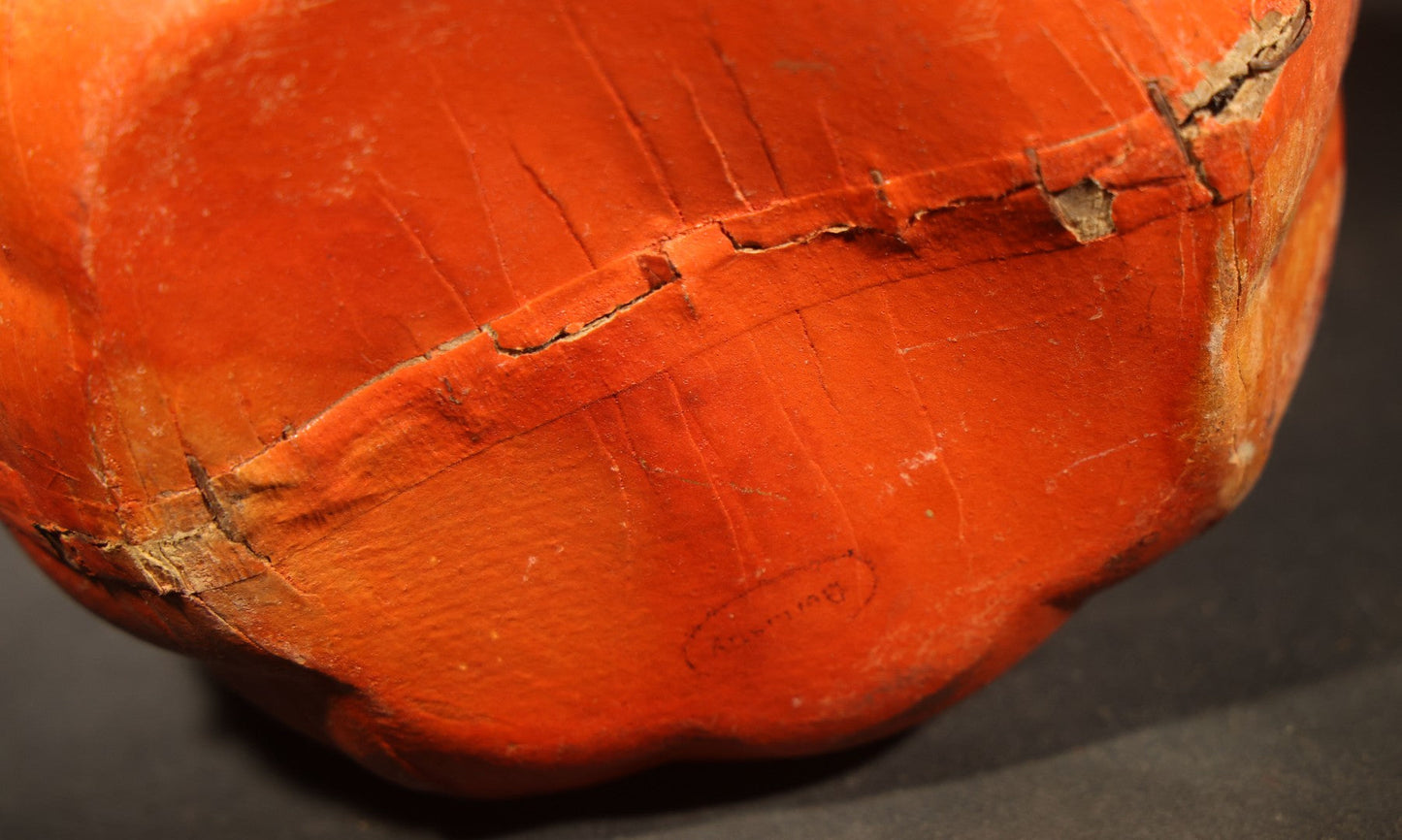 Vintage German Papier Mache / Pressed Paper Jack-O-Lantern Pumpkin Lantern with Wire Handle, Remnants of Original Insert, Poor Condition