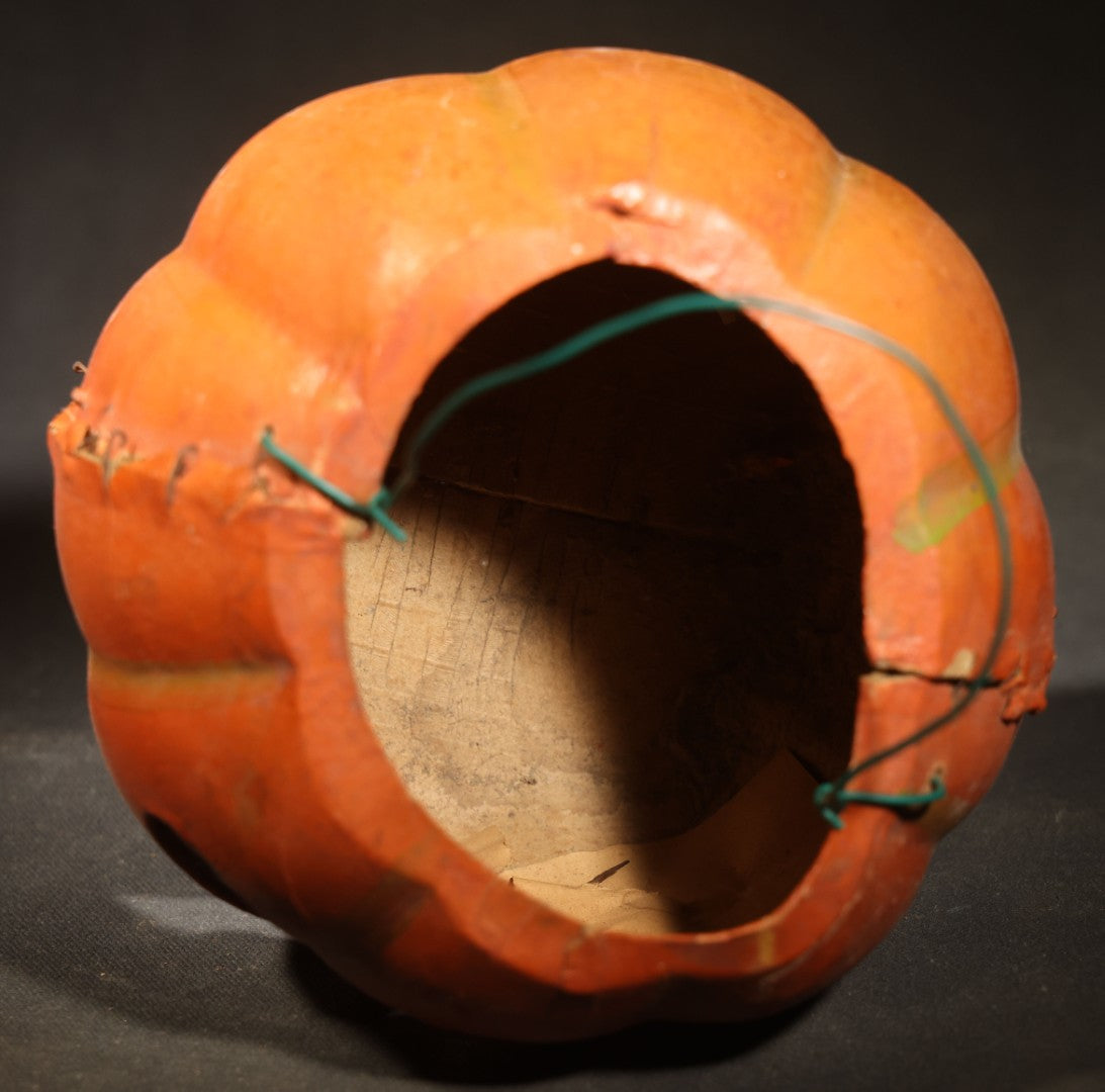 Vintage German Papier Mache / Pressed Paper Jack-O-Lantern Pumpkin Lantern with Wire Handle, Remnants of Original Insert, Poor Condition