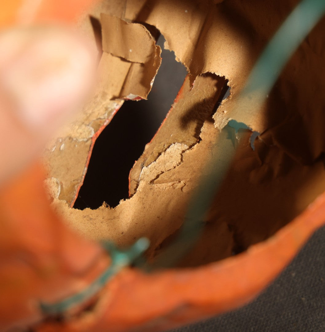 Vintage German Papier Mache / Pressed Paper Jack-O-Lantern Pumpkin Lantern with Wire Handle, Remnants of Original Insert, Poor Condition