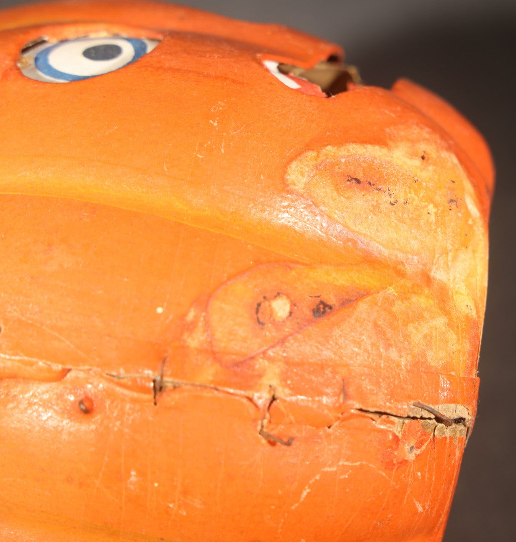 Vintage German Papier Mache / Pressed Paper Jack-O-Lantern Pumpkin Lantern with Wire Handle, Remnants of Original Insert, Poor Condition