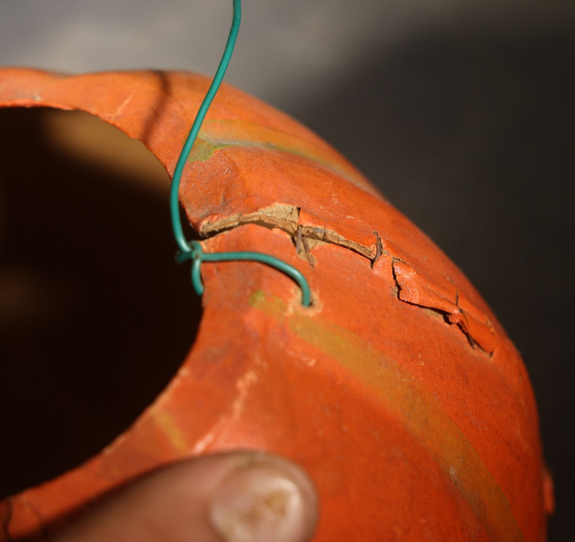 Vintage German Papier Mache / Pressed Paper Jack-O-Lantern Pumpkin Lantern with Wire Handle, Remnants of Original Insert, Poor Condition