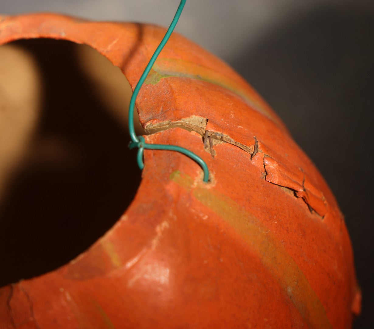 Vintage German Papier Mache / Pressed Paper Jack-O-Lantern Pumpkin Lantern with Wire Handle, Remnants of Original Insert, Poor Condition
