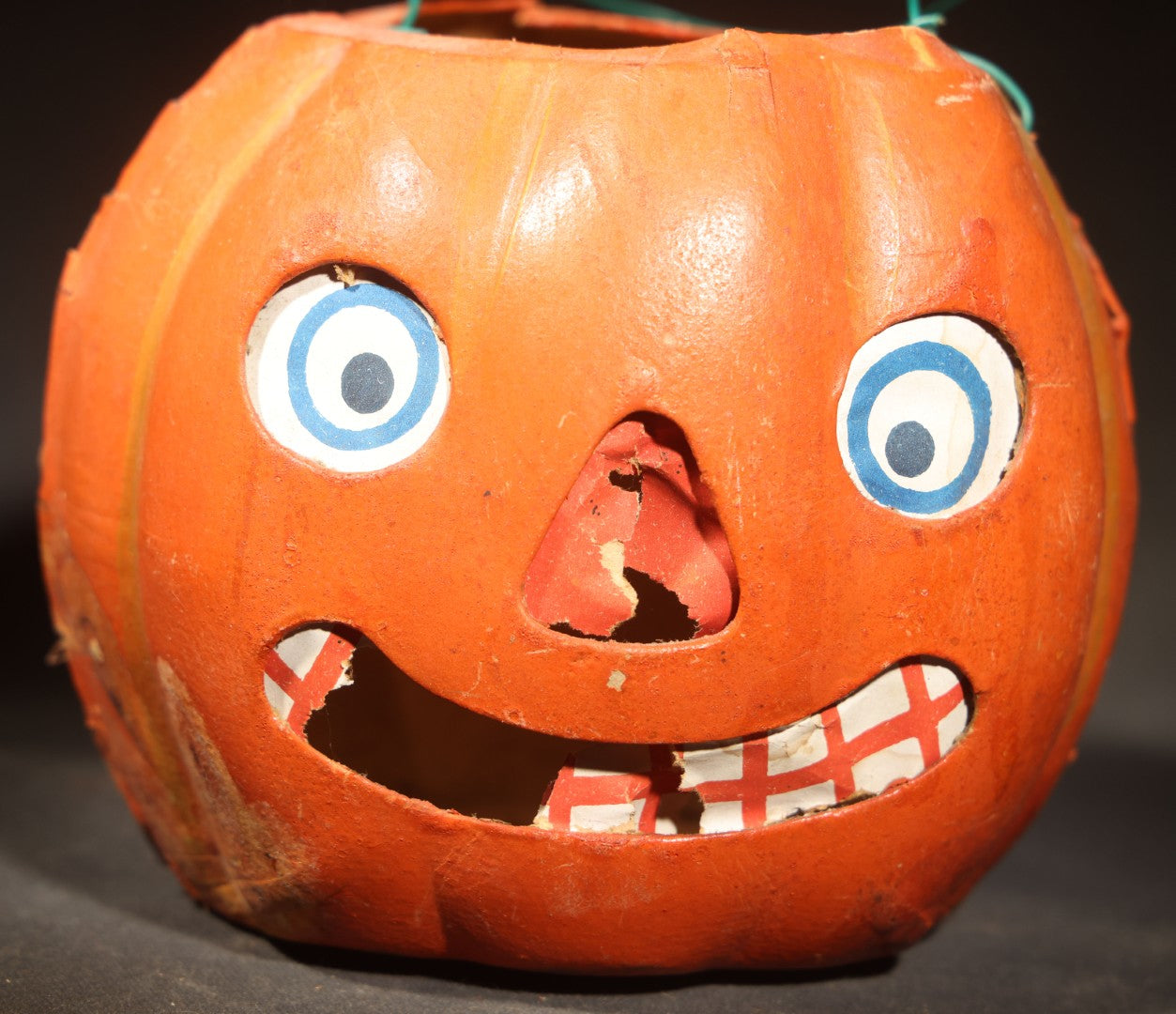 Vintage German Papier Mache / Pressed Paper Jack-O-Lantern Pumpkin Lantern with Wire Handle, Remnants of Original Insert, Poor Condition