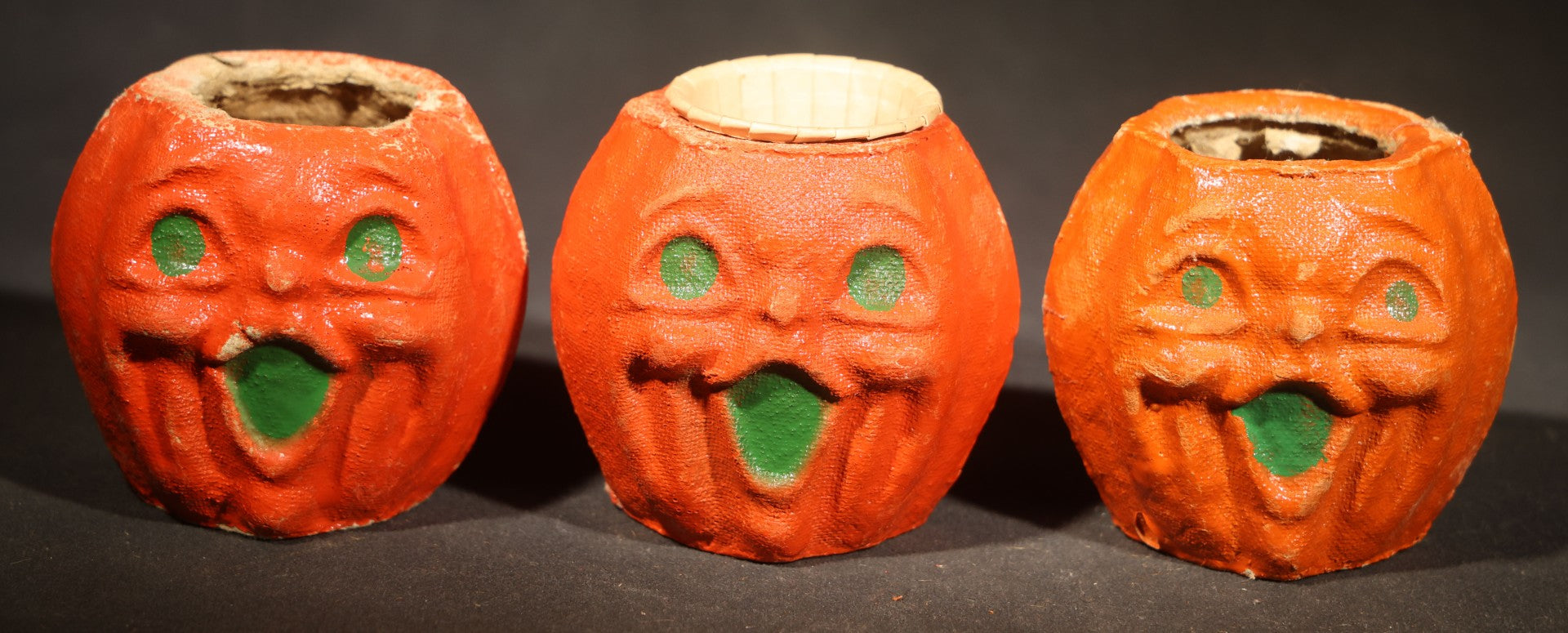 Trio of Vintage Papier Mache / Paper Pulp Halloween Choir Boy Jack-O-Lantern Pumpkin Nut Cups with Green-Painted Features including One with Original Paper Insert
