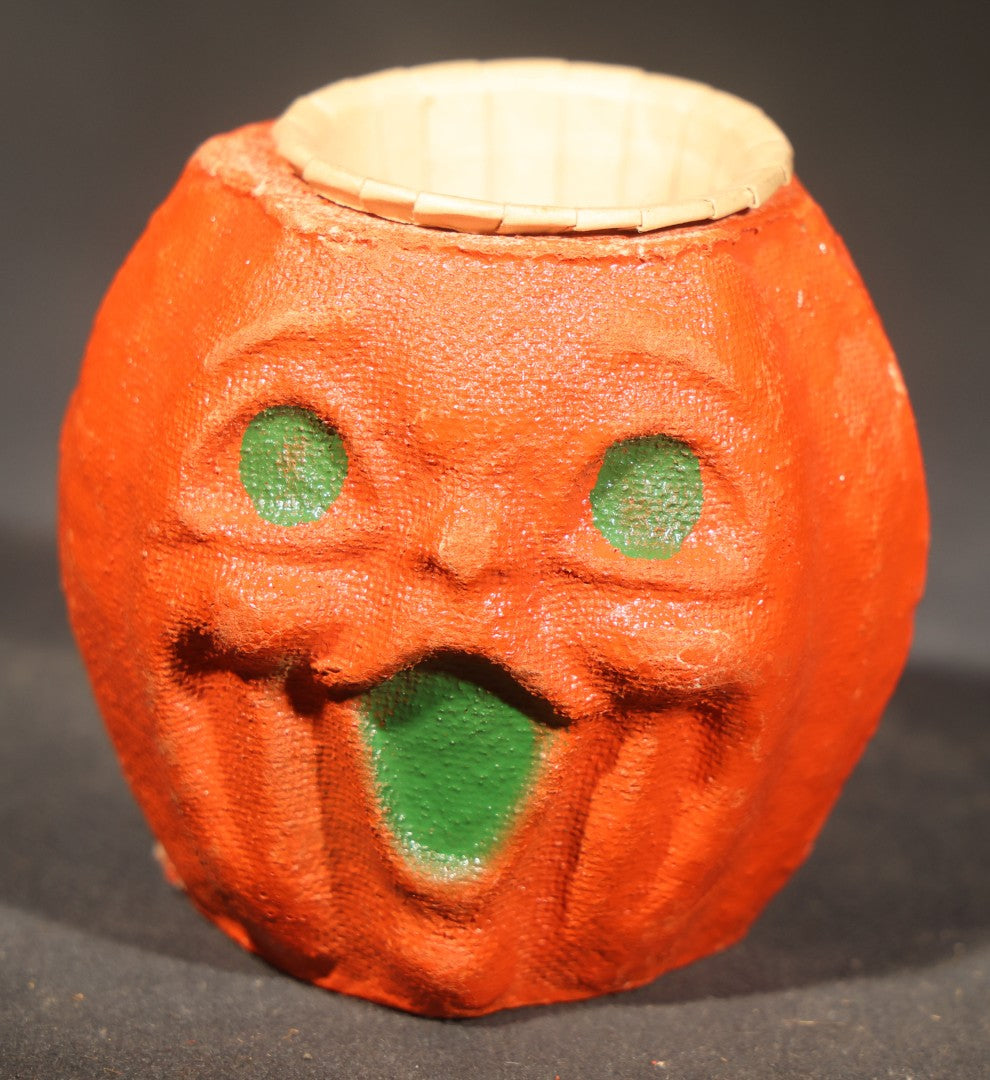 Trio of Vintage Papier Mache / Paper Pulp Halloween Choir Boy Jack-O-Lantern Pumpkin Nut Cups with Green-Painted Features including One with Original Paper Insert