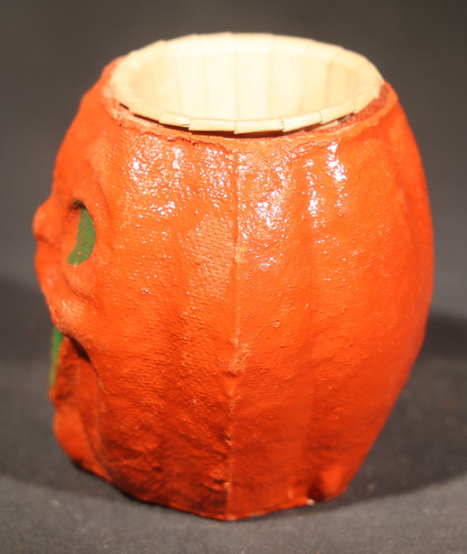 Trio of Vintage Papier Mache / Paper Pulp Halloween Choir Boy Jack-O-Lantern Pumpkin Nut Cups with Green-Painted Features including One with Original Paper Insert