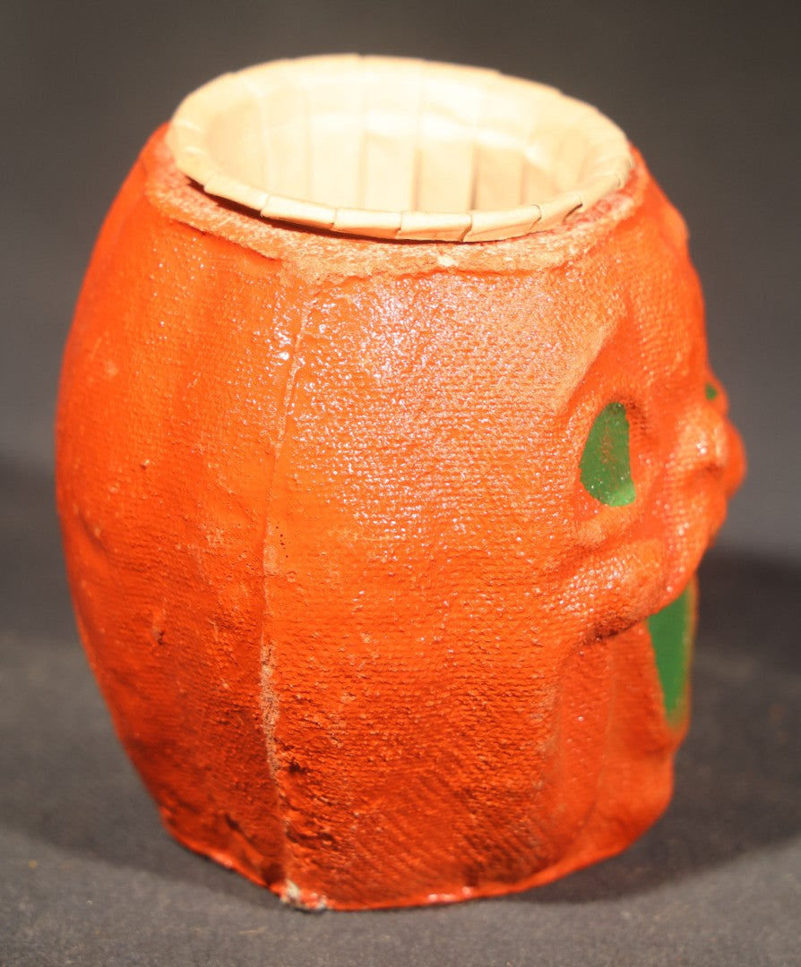 Trio of Vintage Papier Mache / Paper Pulp Halloween Choir Boy Jack-O-Lantern Pumpkin Nut Cups with Green-Painted Features including One with Original Paper Insert
