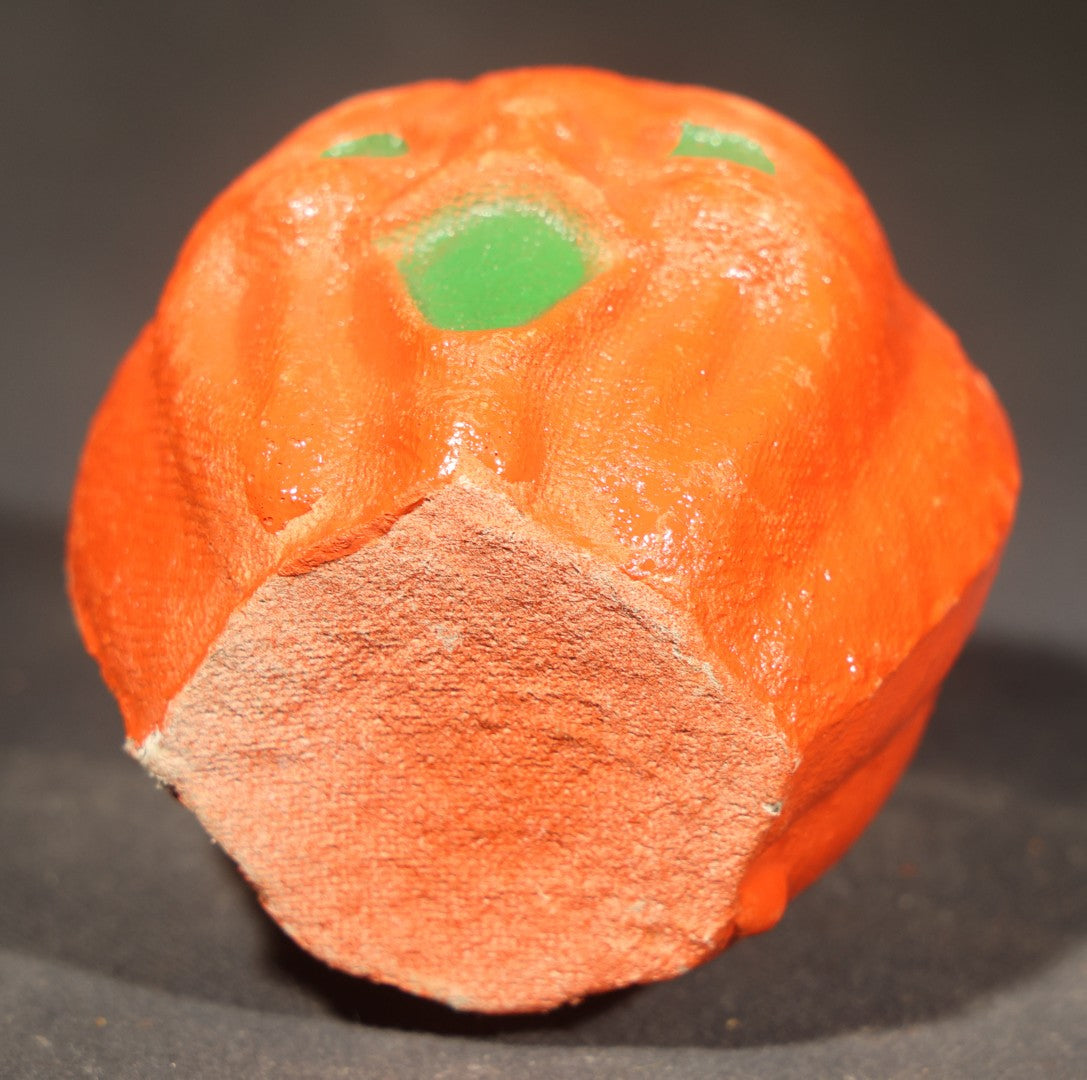 Trio of Vintage Papier Mache / Paper Pulp Halloween Choir Boy Jack-O-Lantern Pumpkin Nut Cups with Green-Painted Features including One with Original Paper Insert