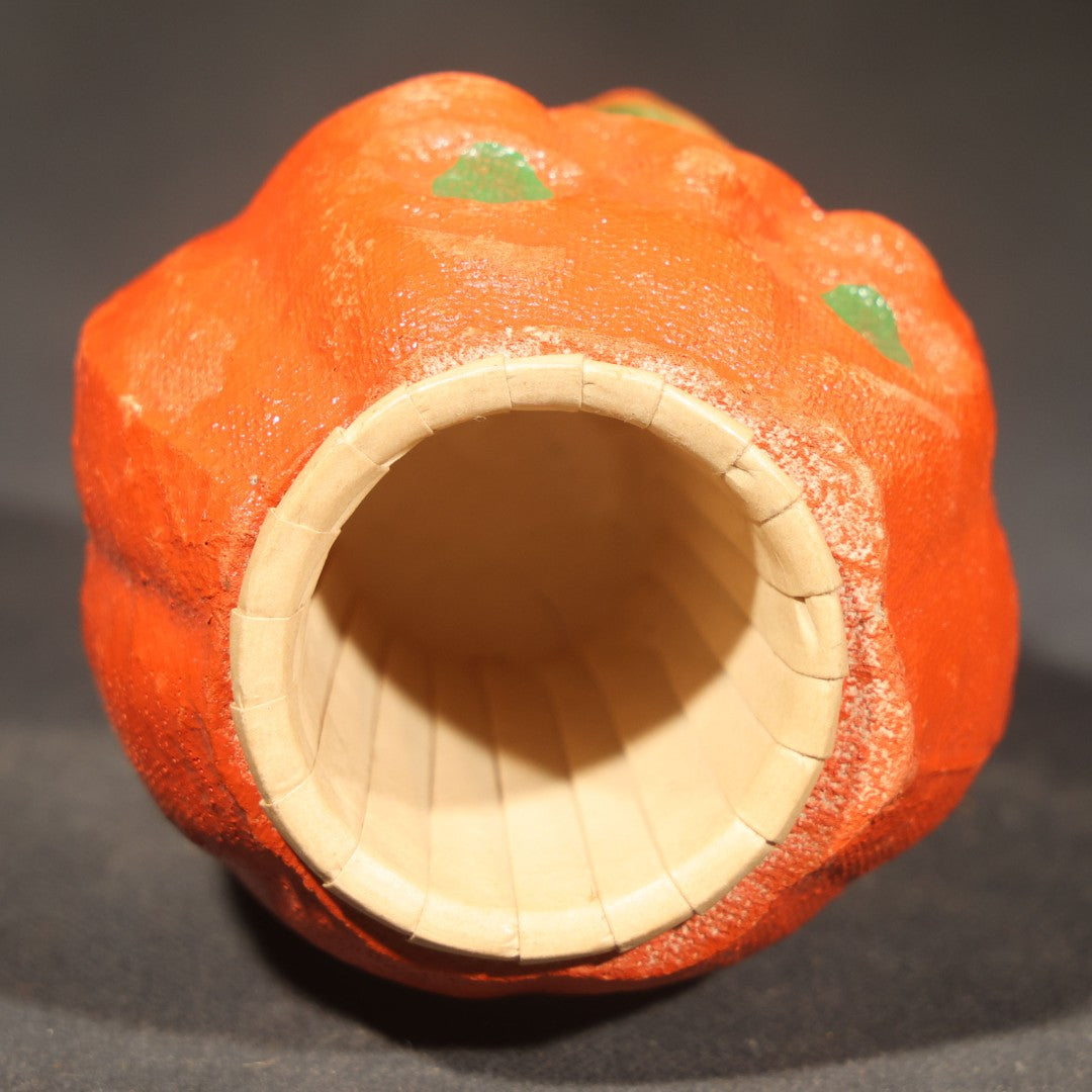 Trio of Vintage Papier Mache / Paper Pulp Halloween Choir Boy Jack-O-Lantern Pumpkin Nut Cups with Green-Painted Features including One with Original Paper Insert