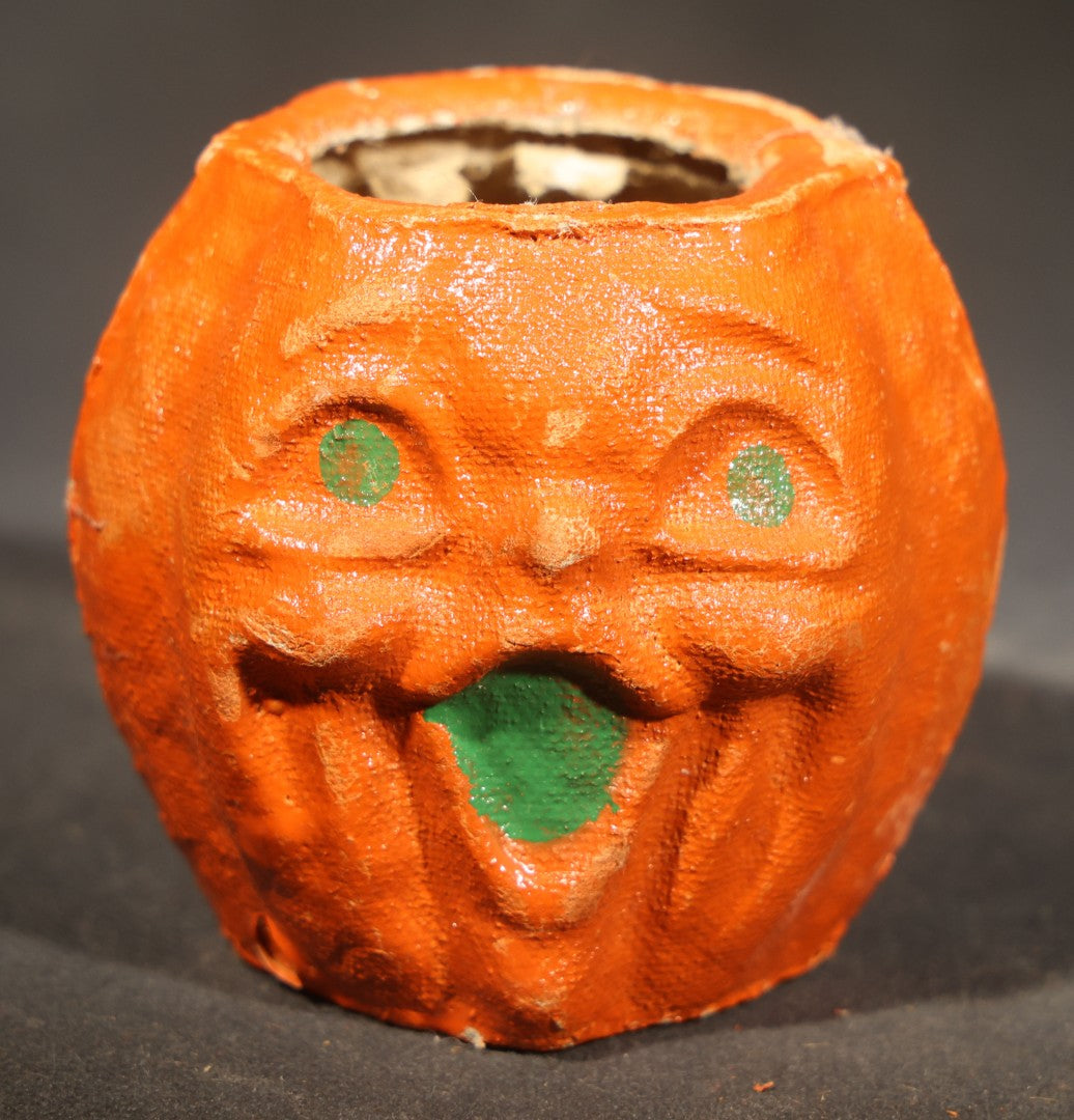Trio of Vintage Papier Mache / Paper Pulp Halloween Choir Boy Jack-O-Lantern Pumpkin Nut Cups with Green-Painted Features including One with Original Paper Insert