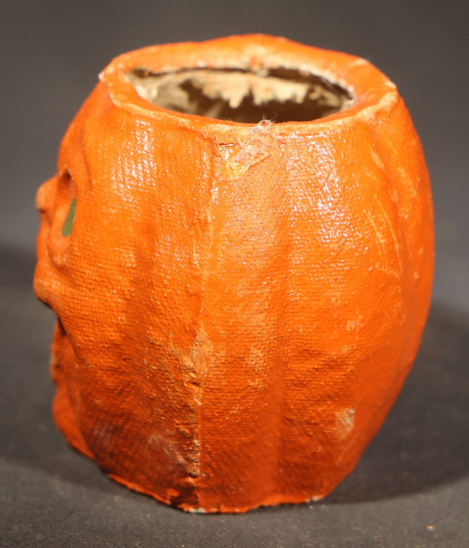 Trio of Vintage Papier Mache / Paper Pulp Halloween Choir Boy Jack-O-Lantern Pumpkin Nut Cups with Green-Painted Features including One with Original Paper Insert