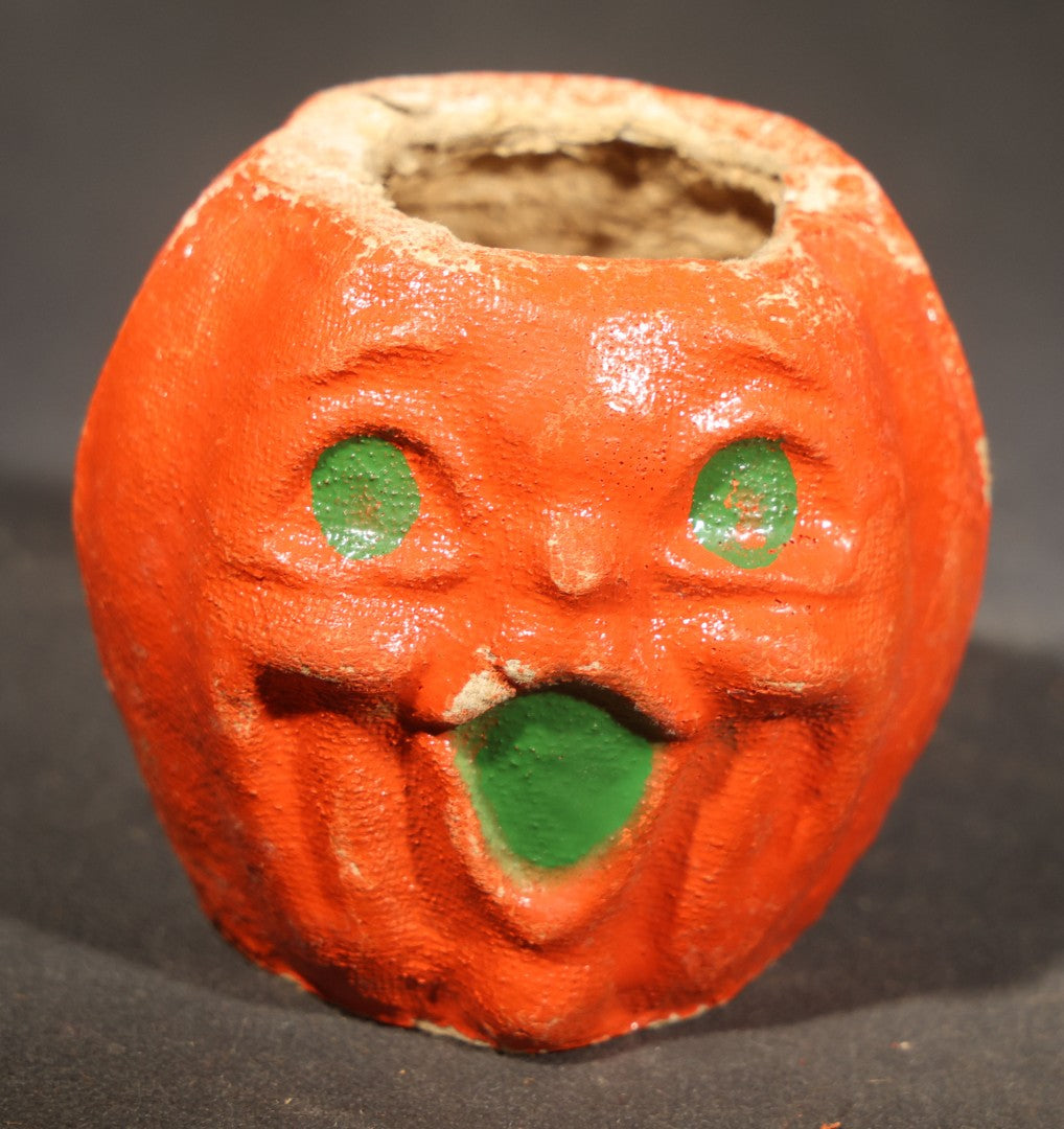 Trio of Vintage Papier Mache / Paper Pulp Halloween Choir Boy Jack-O-Lantern Pumpkin Nut Cups with Green-Painted Features including One with Original Paper Insert