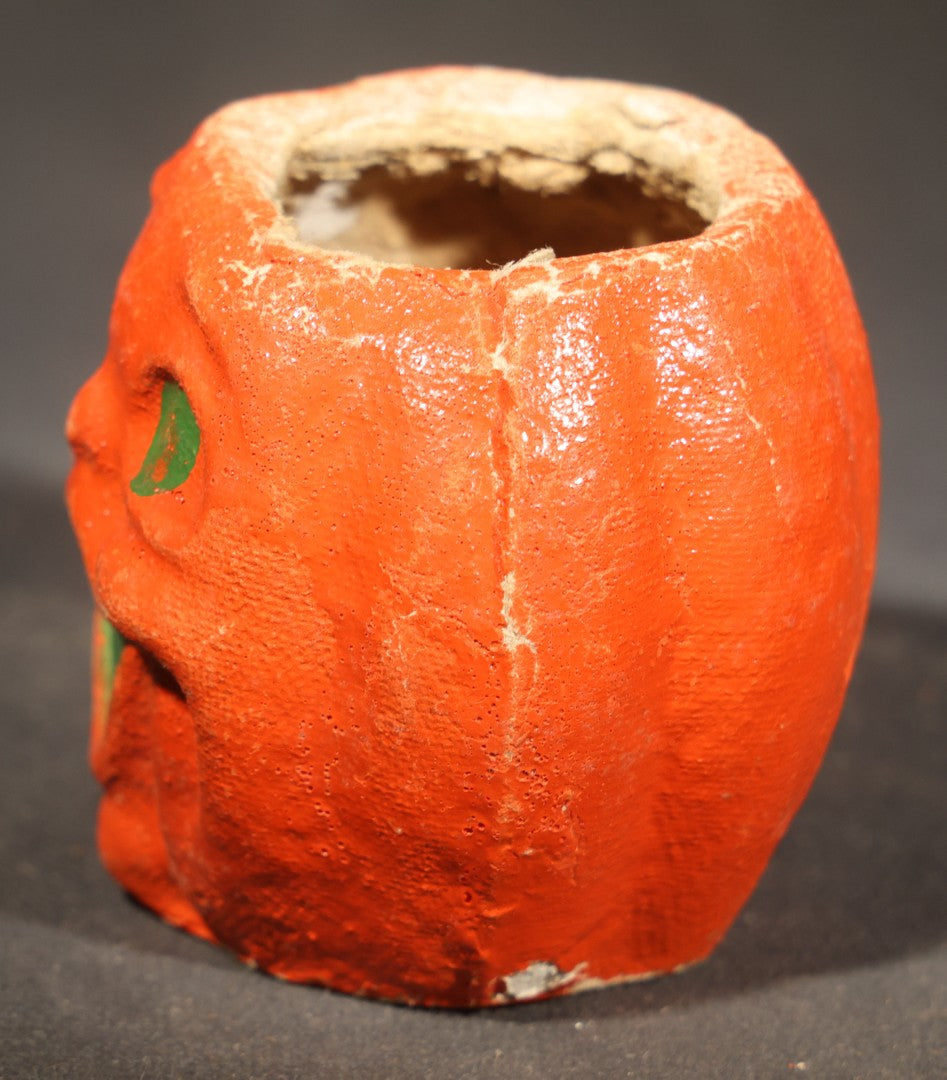 Trio of Vintage Papier Mache / Paper Pulp Halloween Choir Boy Jack-O-Lantern Pumpkin Nut Cups with Green-Painted Features including One with Original Paper Insert