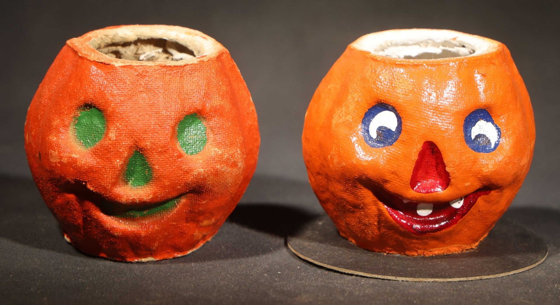 Pair of Vintage Papier Mache / Paper Pulp Halloween Jack-O-Lantern Pumpkin Nut Cups, One Manufactured by Master Craft (Kopper's), Kearny, New Jersey