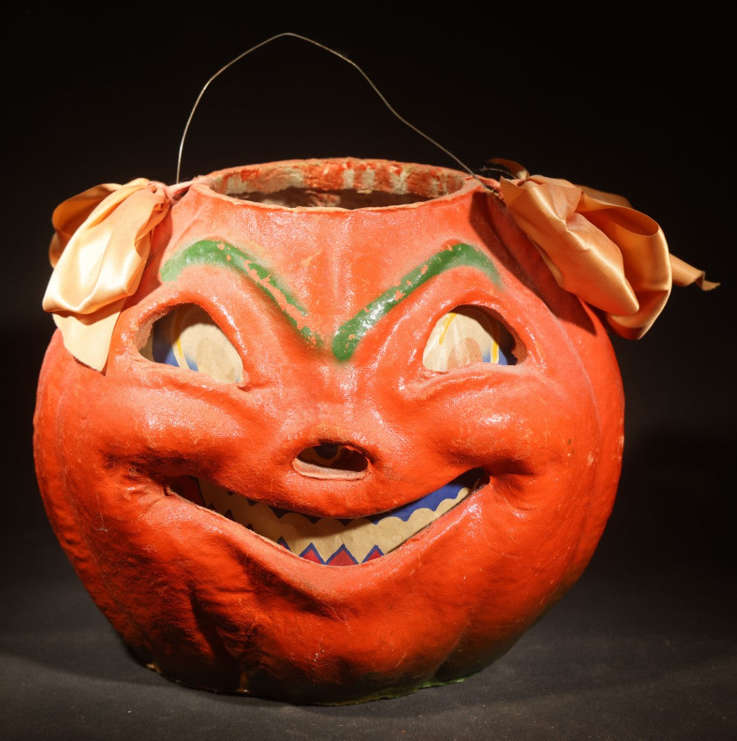 Vintage Papier-Mache / Paper Pulp Halloween Grinning Jack-O-Lantern Pumpkin Lantern, with Wire Bail Handle, Ribbon Bows, and Original Paper Insert
