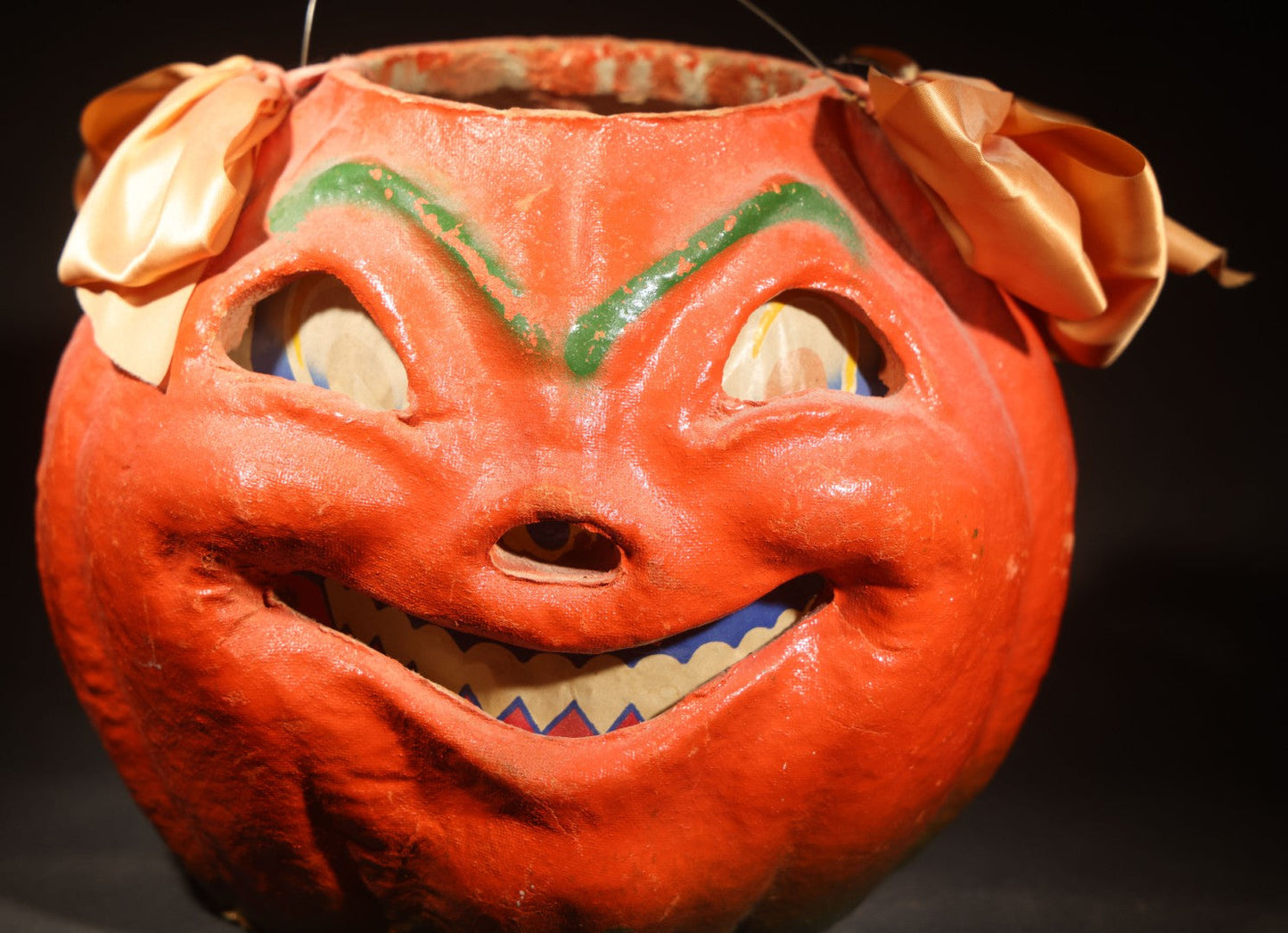 Vintage Papier-Mache / Paper Pulp Halloween Grinning Jack-O-Lantern Pumpkin Lantern, with Wire Bail Handle, Ribbon Bows, and Original Paper Insert