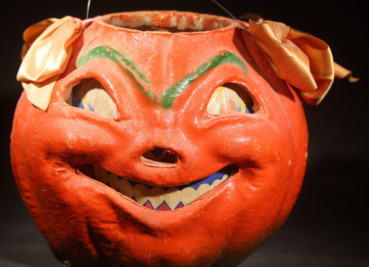 Vintage Papier-Mache / Paper Pulp Halloween Grinning Jack-O-Lantern Pumpkin Lantern, with Wire Bail Handle, Ribbon Bows, and Original Paper Insert