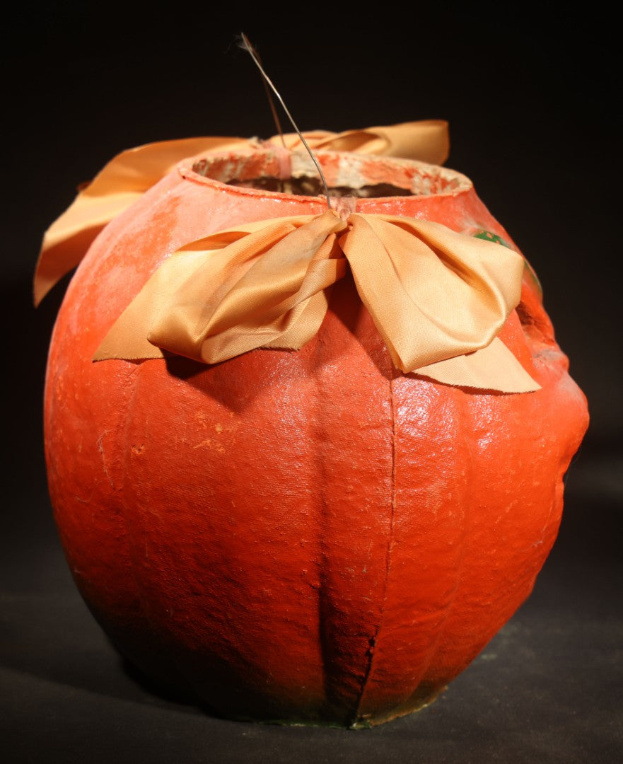 Vintage Papier-Mache / Paper Pulp Halloween Grinning Jack-O-Lantern Pumpkin Lantern, with Wire Bail Handle, Ribbon Bows, and Original Paper Insert