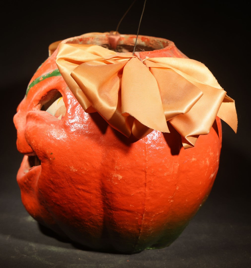 Vintage Papier-Mache / Paper Pulp Halloween Grinning Jack-O-Lantern Pumpkin Lantern, with Wire Bail Handle, Ribbon Bows, and Original Paper Insert