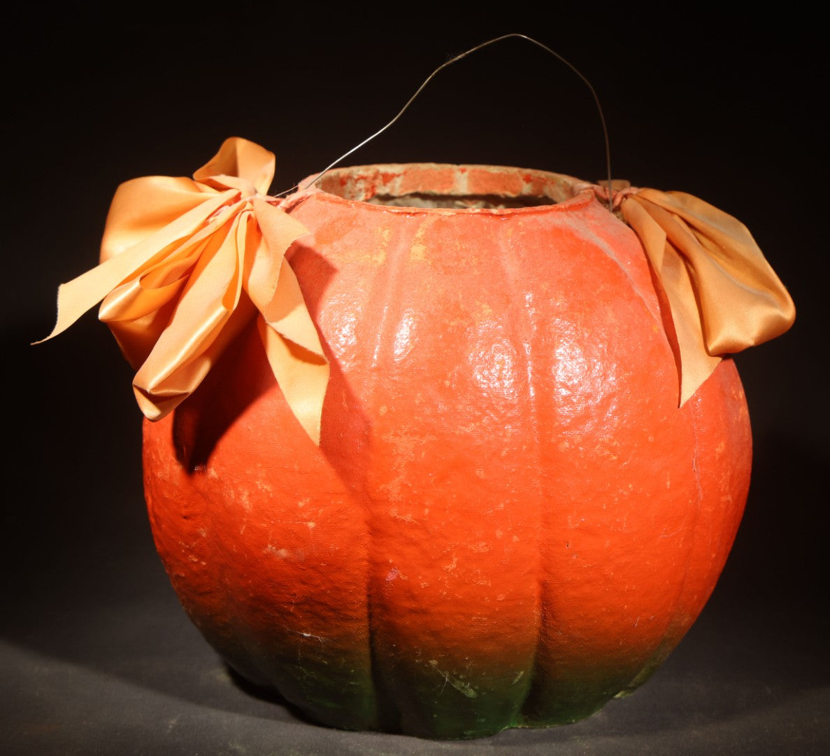 Vintage Papier-Mache / Paper Pulp Halloween Grinning Jack-O-Lantern Pumpkin Lantern, with Wire Bail Handle, Ribbon Bows, and Original Paper Insert