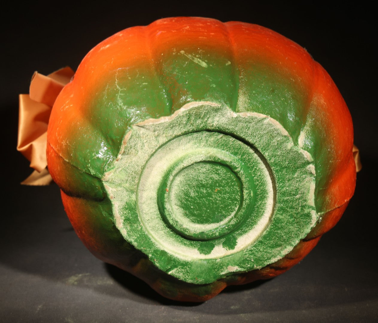 Vintage Papier-Mache / Paper Pulp Halloween Grinning Jack-O-Lantern Pumpkin Lantern, with Wire Bail Handle, Ribbon Bows, and Original Paper Insert