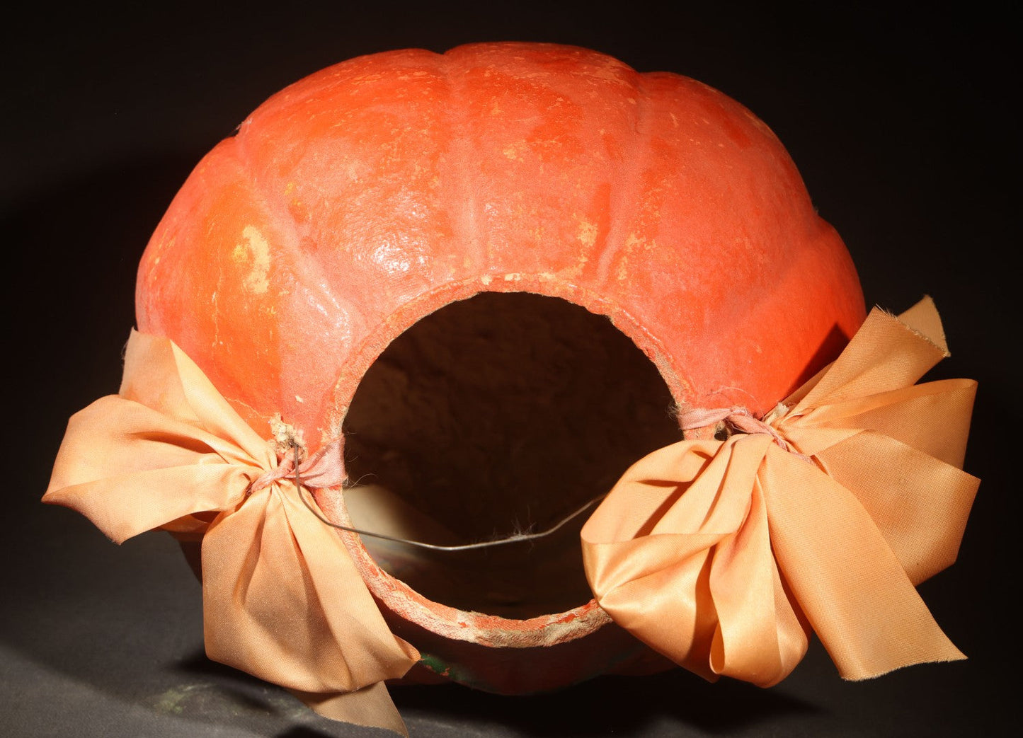 Vintage Papier-Mache / Paper Pulp Halloween Grinning Jack-O-Lantern Pumpkin Lantern, with Wire Bail Handle, Ribbon Bows, and Original Paper Insert