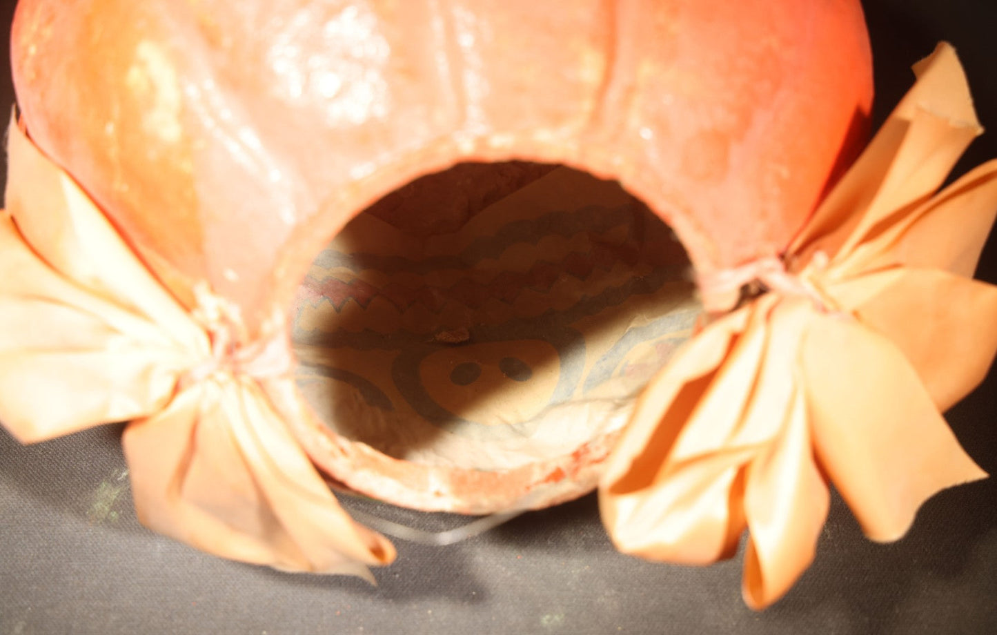 Vintage Papier-Mache / Paper Pulp Halloween Grinning Jack-O-Lantern Pumpkin Lantern, with Wire Bail Handle, Ribbon Bows, and Original Paper Insert