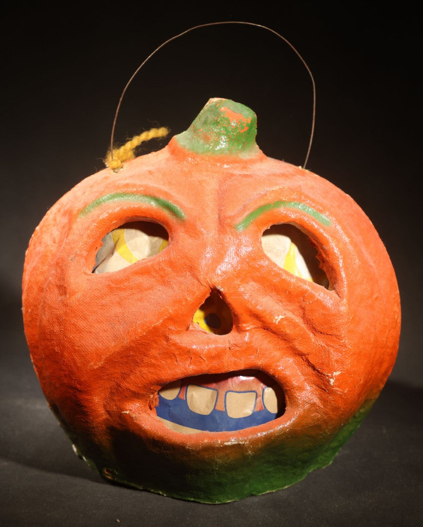 Vintage Papier-Mache / Paper Pulp Halloween Snarling Jack-O-Lantern Pumpkin Lantern with Wire Bail Handle and Original Paper Insert