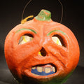 Lot 024 - Vintage Papier-Mache / Paper Pulp Halloween Snarling Jack-O-Lantern Pumpkin Lantern with Wire Bail Handle and Original Paper Insert, 7-1/4" H