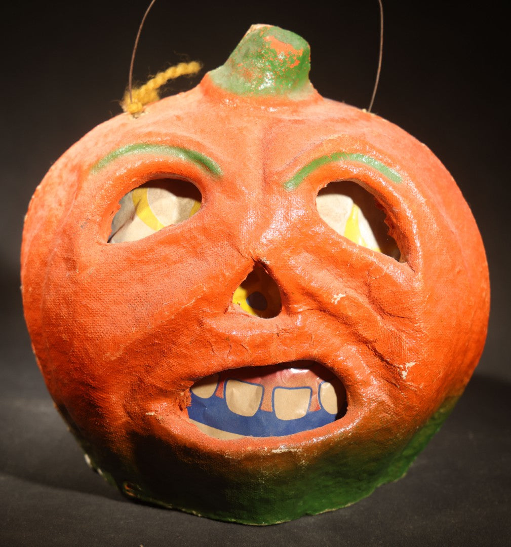 Vintage Papier-Mache / Paper Pulp Halloween Snarling Jack-O-Lantern Pumpkin Lantern with Wire Bail Handle and Original Paper Insert