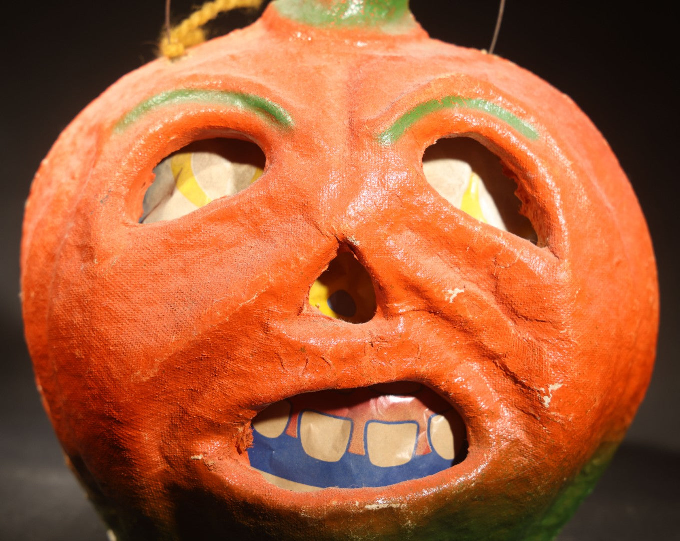 Vintage Papier-Mache / Paper Pulp Halloween Snarling Jack-O-Lantern Pumpkin Lantern with Wire Bail Handle and Original Paper Insert