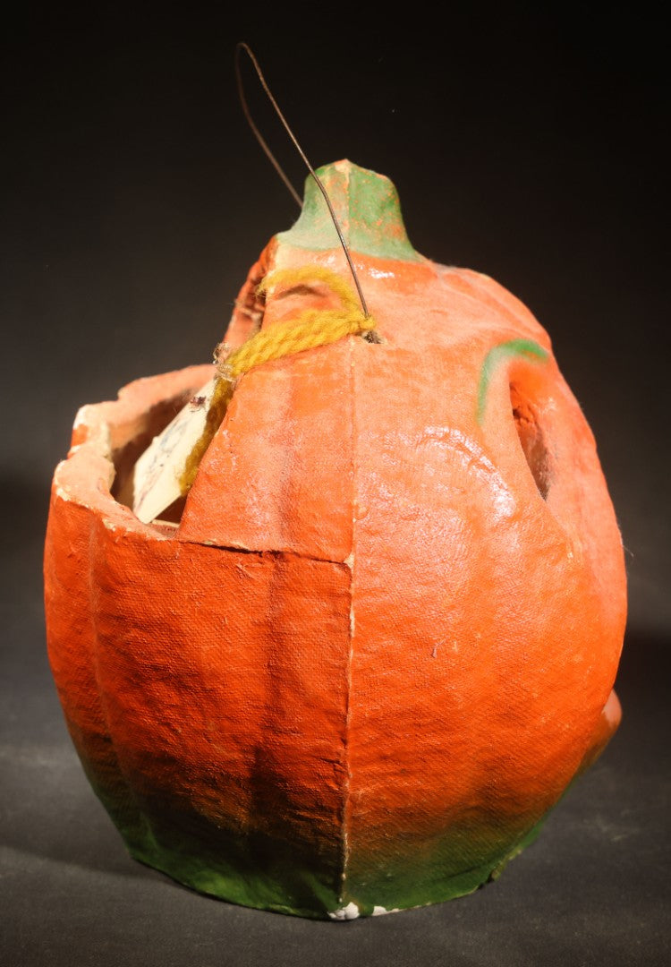 Vintage Papier-Mache / Paper Pulp Halloween Snarling Jack-O-Lantern Pumpkin Lantern with Wire Bail Handle and Original Paper Insert