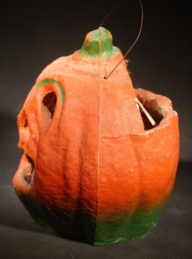 Vintage Papier-Mache / Paper Pulp Halloween Snarling Jack-O-Lantern Pumpkin Lantern with Wire Bail Handle and Original Paper Insert