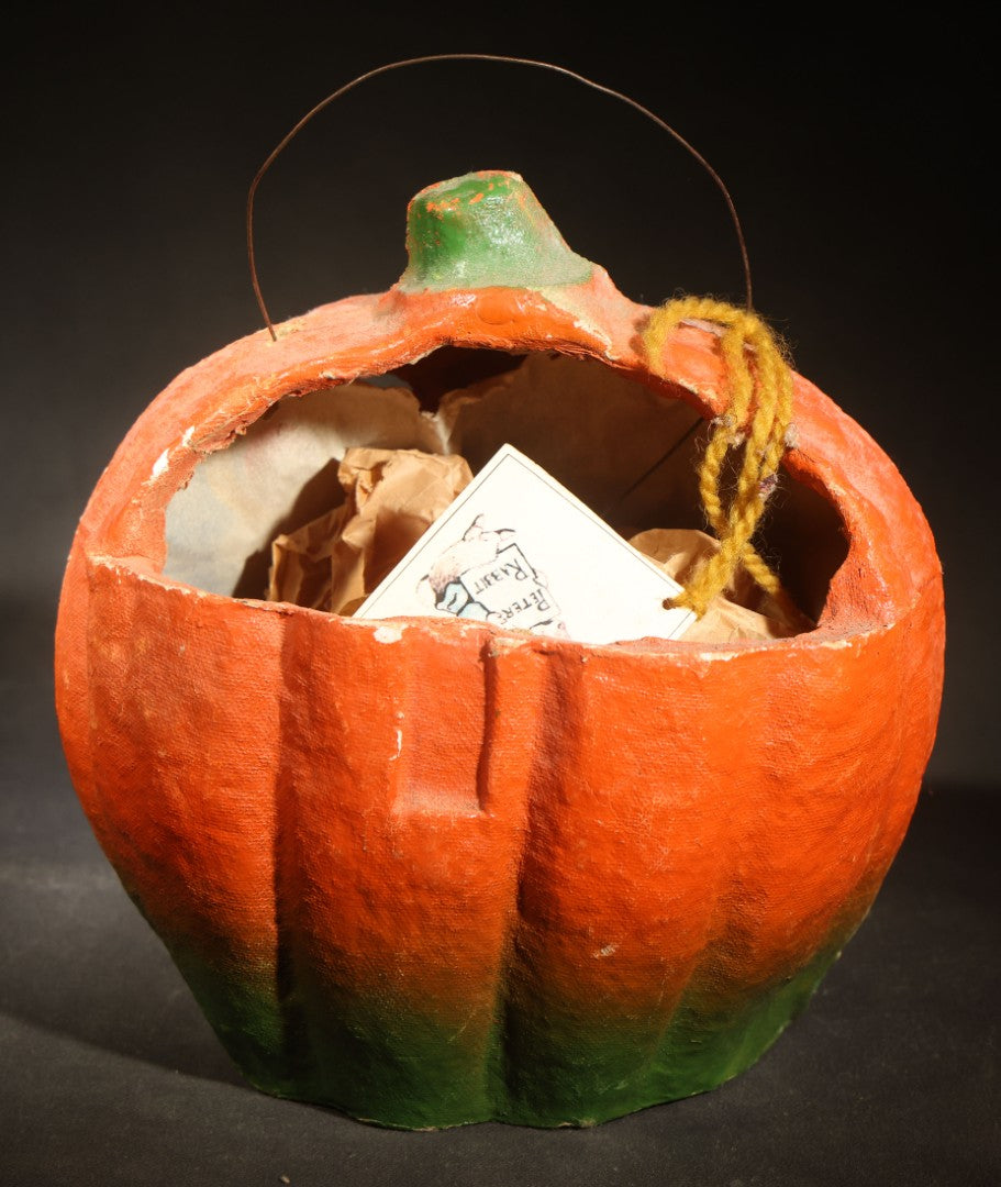 Vintage Papier-Mache / Paper Pulp Halloween Snarling Jack-O-Lantern Pumpkin Lantern with Wire Bail Handle and Original Paper Insert